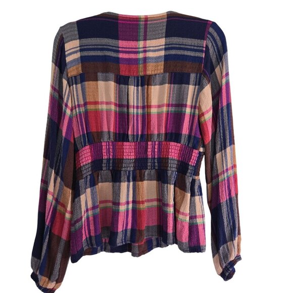 Anthropologie Pilcro Plaid Deep V Blouse Smock Waist Peplum Top Size S - Picture 3 of 9